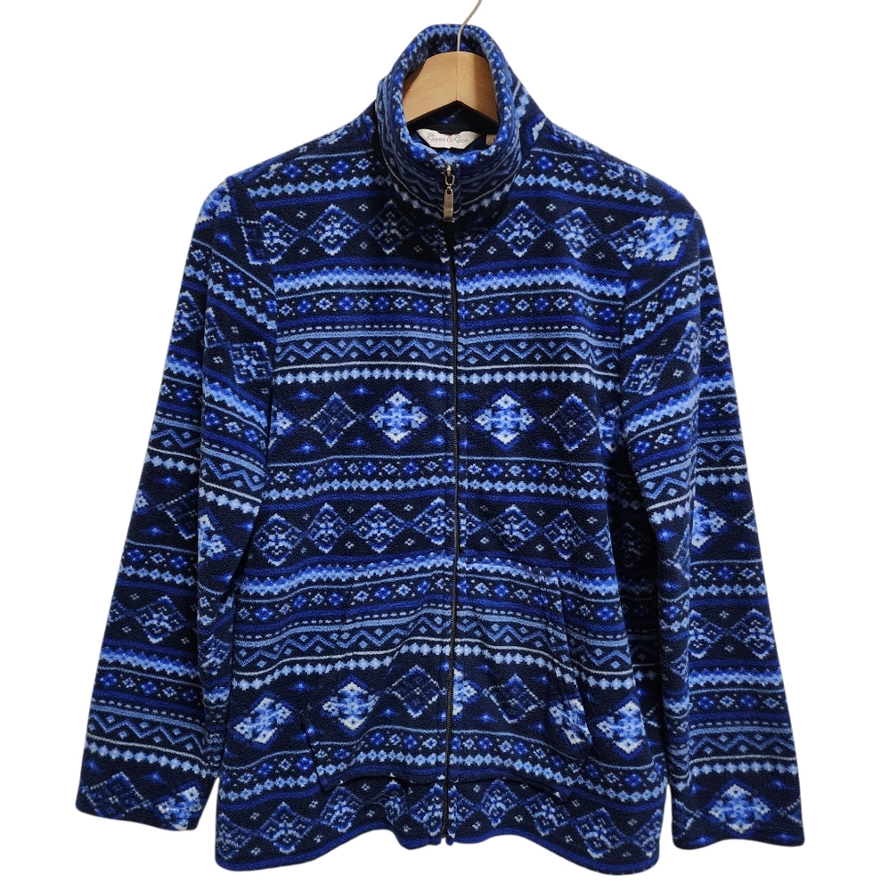 River & Rose Fleece Jacket Womens L Blue Geometric Full Zip Long Slv Mock Neck